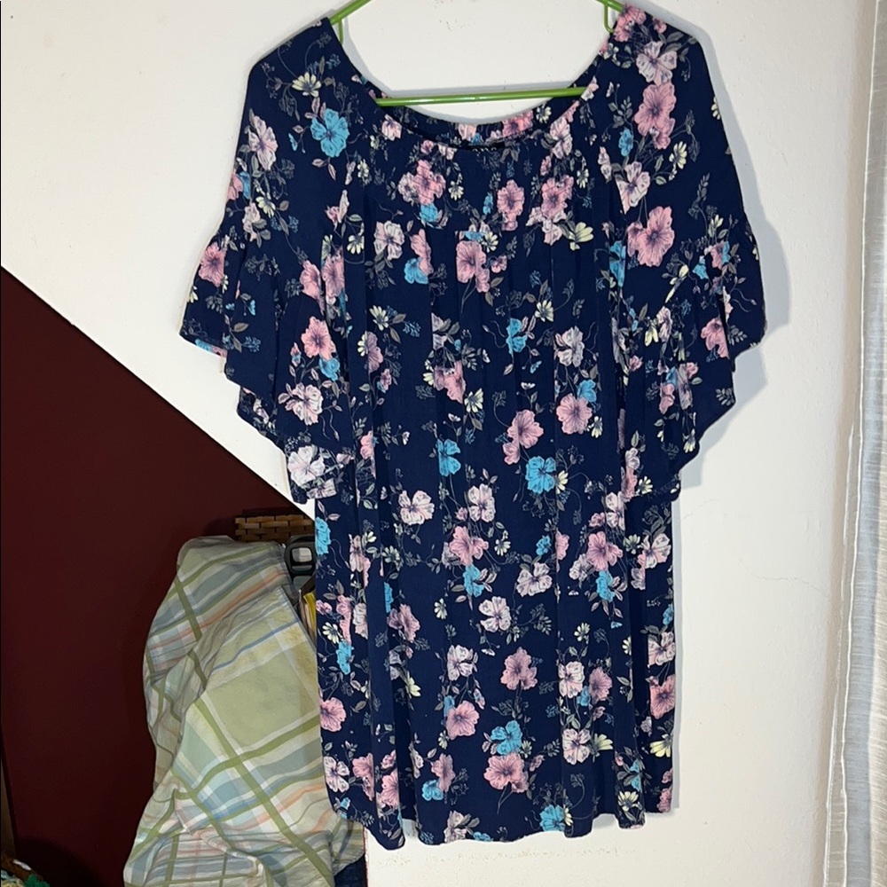 Floral Navy Top with Shirred Scoop Neckline and Elbow‎ Length Bell Sleeve